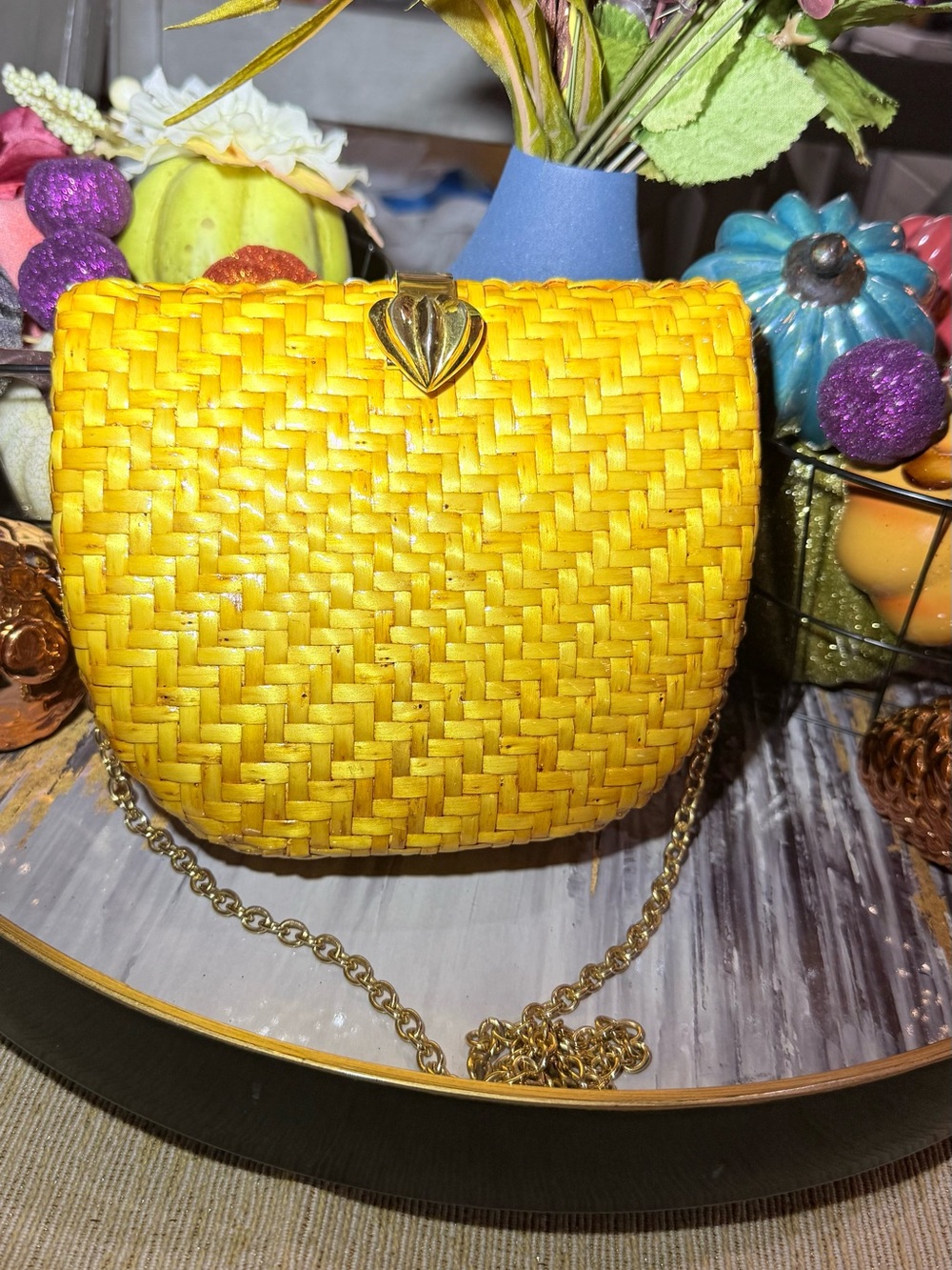 Yellow Woven Crossbody Bag with Gold Heart Clasp